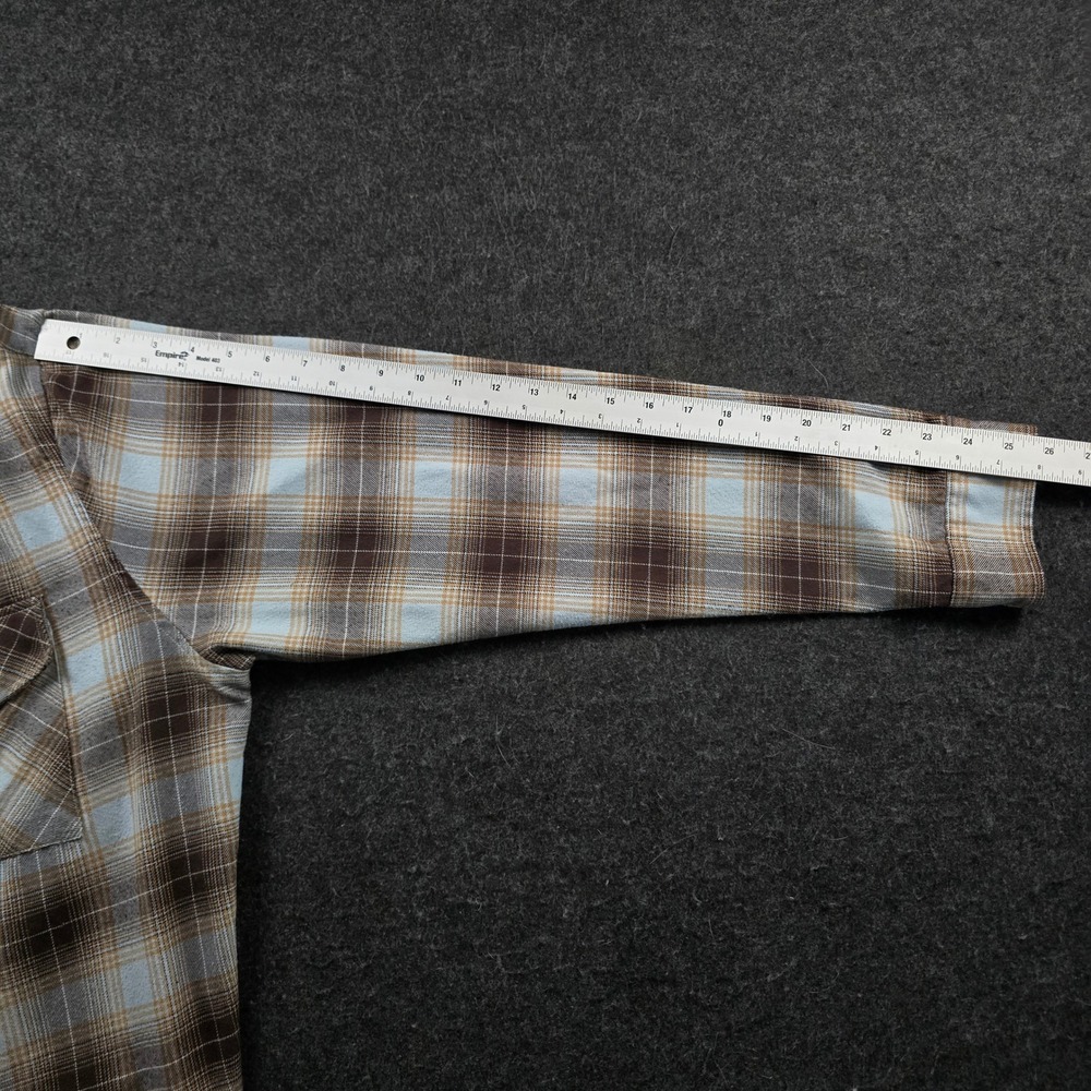 Dixxon Flannel Brown Blue Shadow Plaid Snap Button Work Shirt Grunge Men's L - Picture 7 of 14